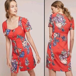 Anthropologie Maeve Womens Midi Dress Red Caldwell Buttondown Cottagecore Size 8